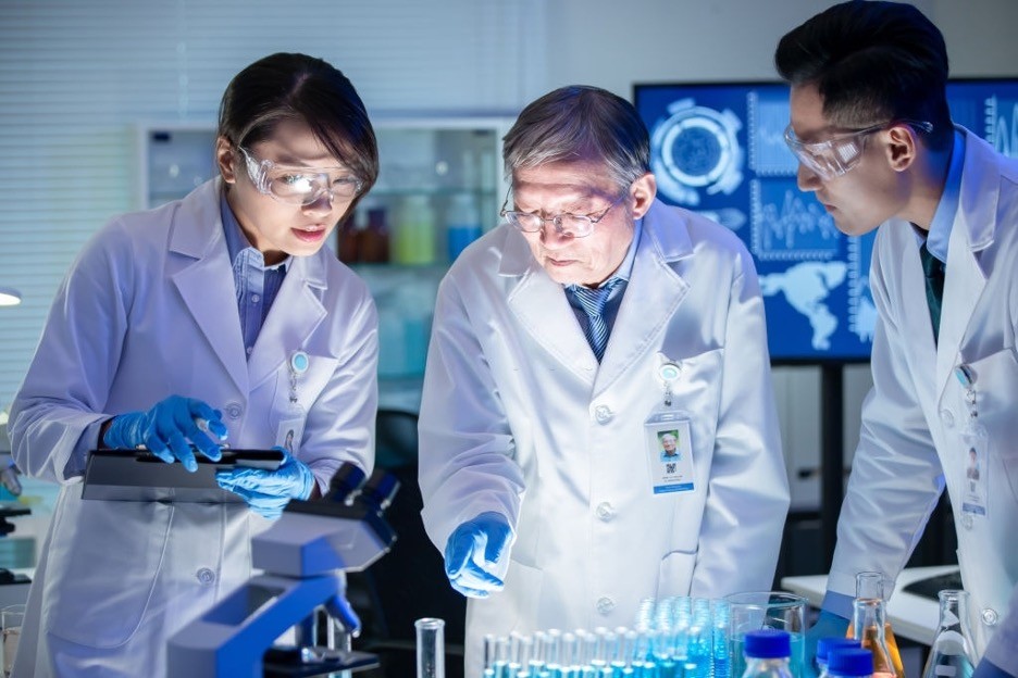 biotechnology scientists are checking the test tubes