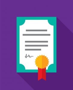 Vector illustration of a certificate against a purple background in flat style.