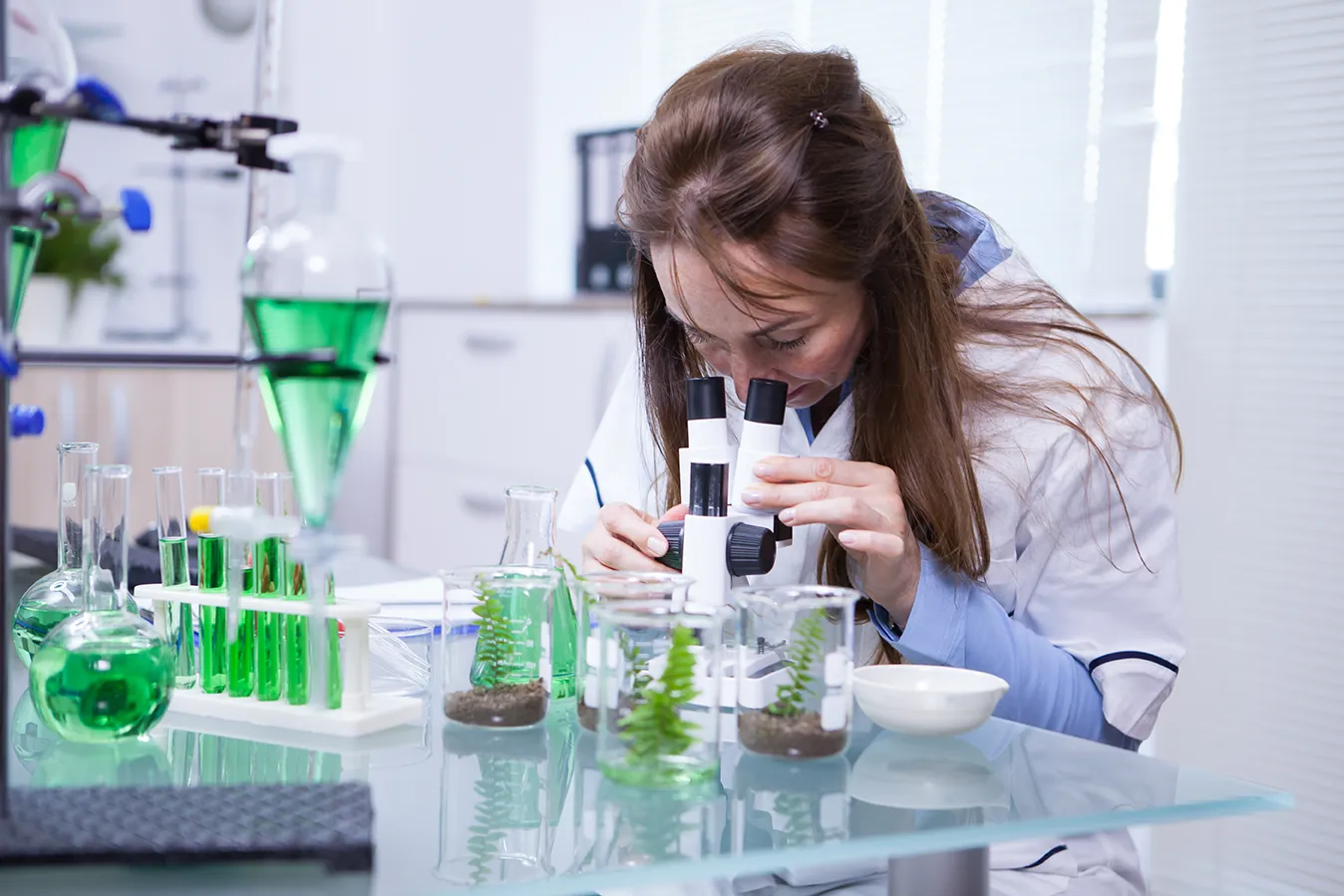female scientist adjusting-her microscope in a bio lab
